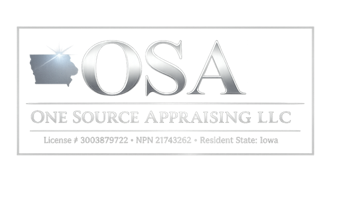 Logo for One Source Appraising LLC with large “OSA” lettering and contact info below