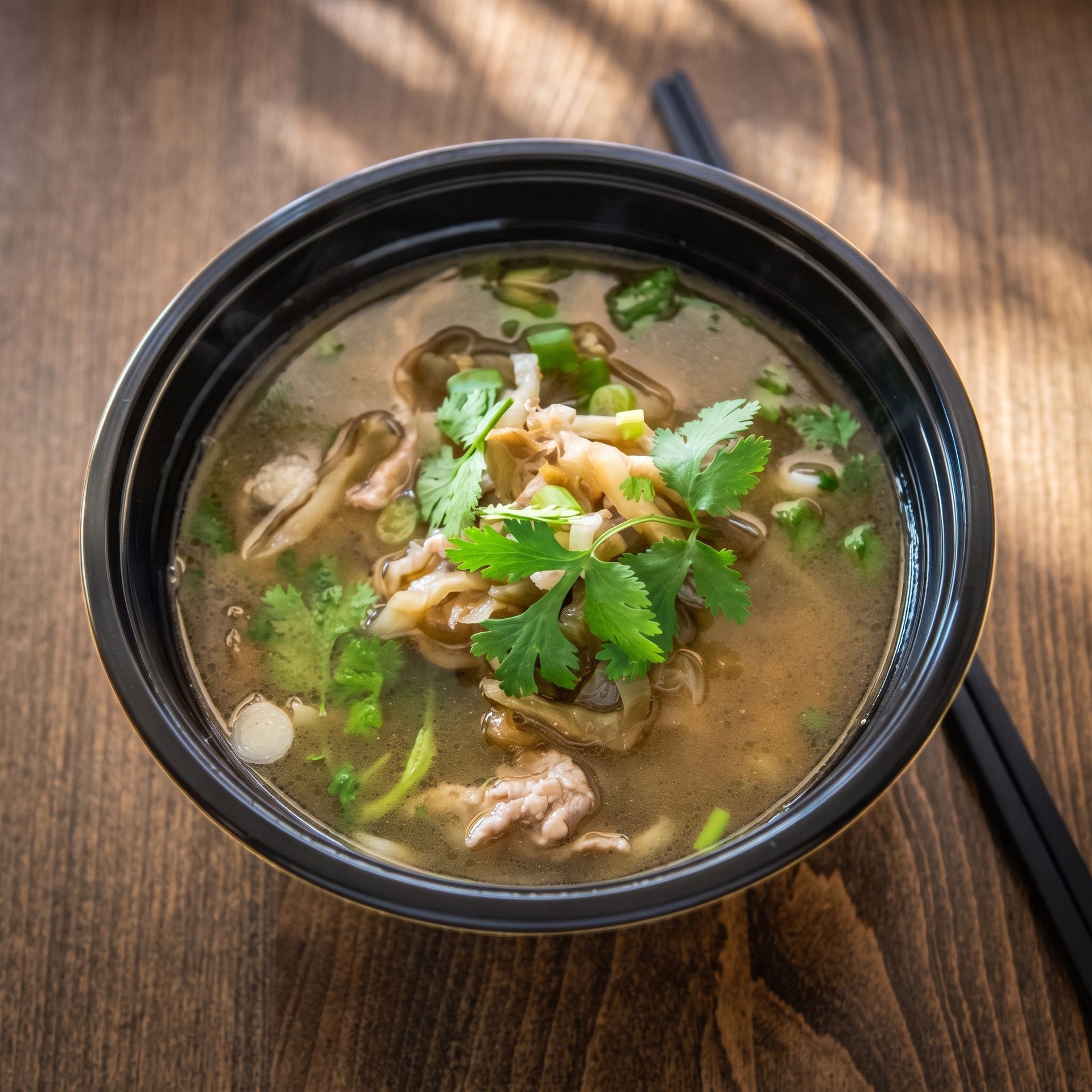 Black bowl of noodle soup with herbs on a wooden table, chopsticks beside it