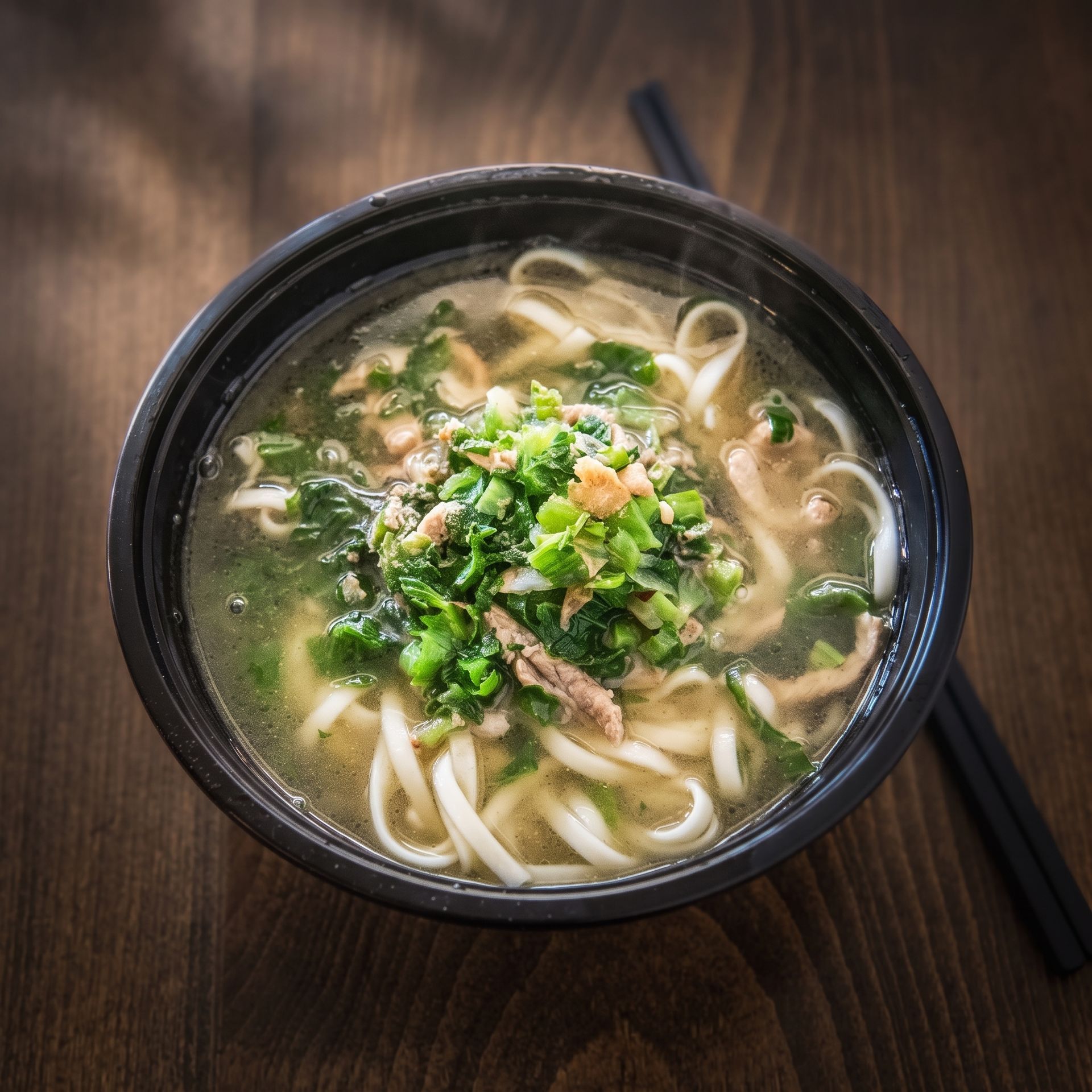 Bowl of udon noodle soup topped with greens on a dark wooden table, chopsticks beside it
