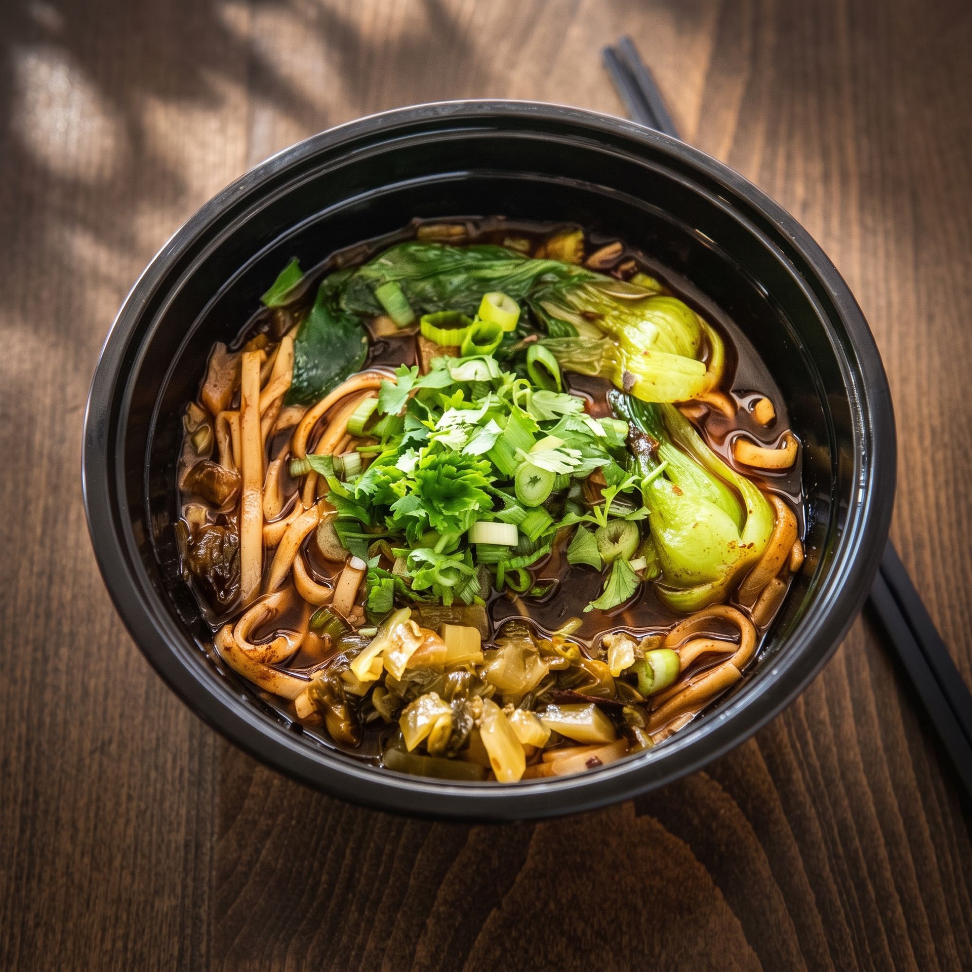 Black bowl of noodle soup topped with greens and scallions on a wooden table