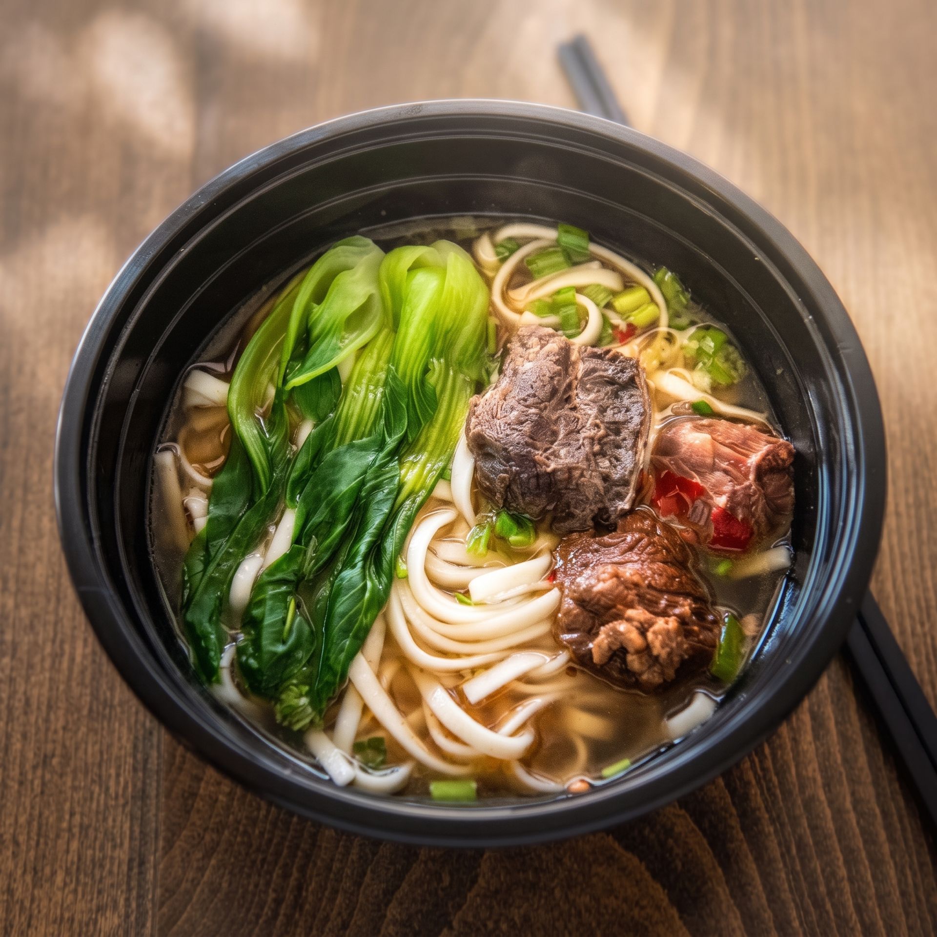 Bowl of udon soup with leafy greens, beef slices, and noodles on a wooden table