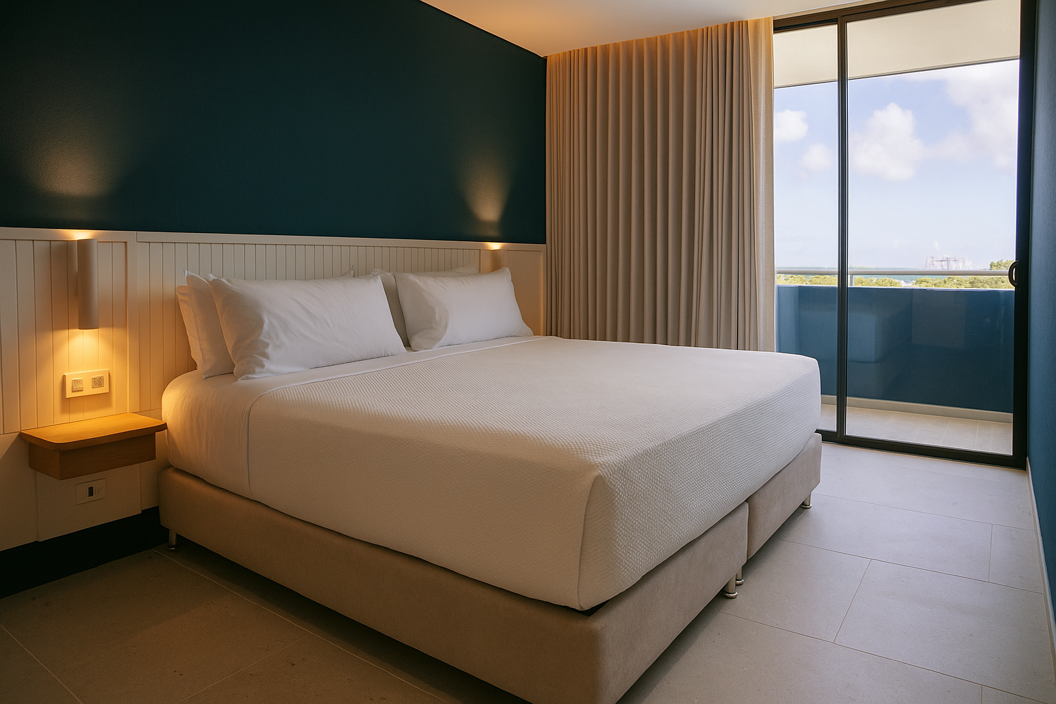 rooms in San Andrés with a queen bed, blue wall, bedside lamp, and a balcony with an exterior view