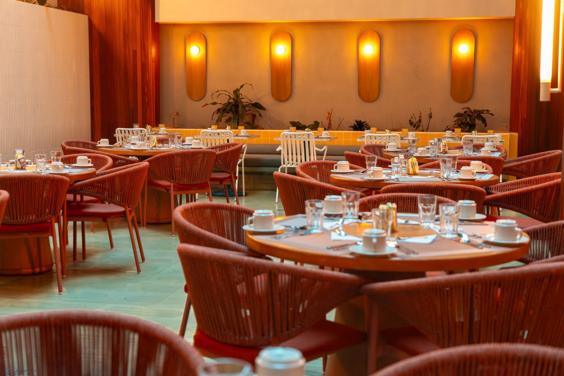 restaurants in san andres with wooden tables, plated dishes, warm lighting, and tropical design