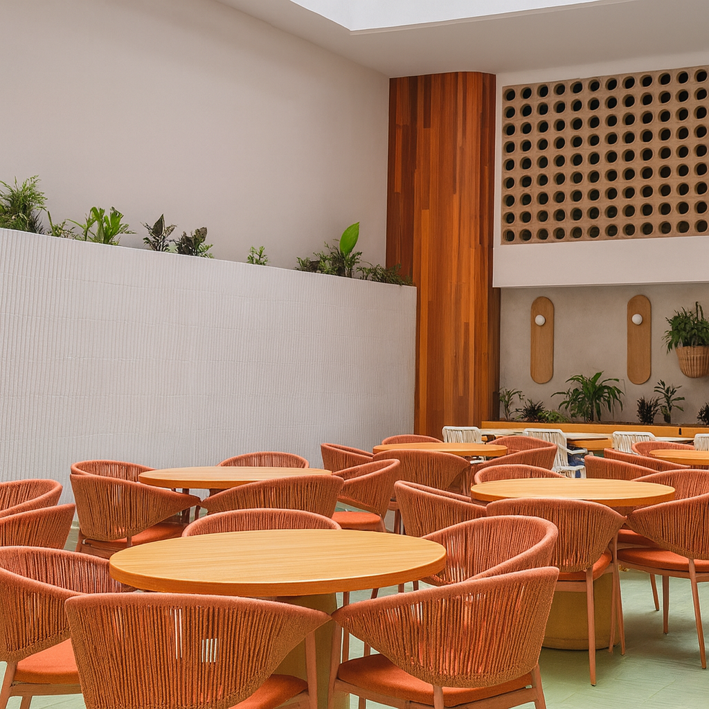 restaurants in san andres with round wooden tables, coral chairs, green flooring, and a wall with decorative wood details