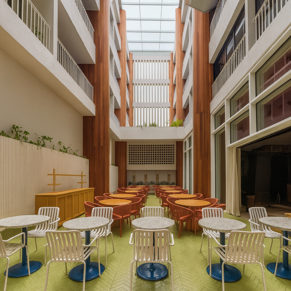 san andres restaurant with round wooden tables, coral and white chairs, and architecture with natural light
