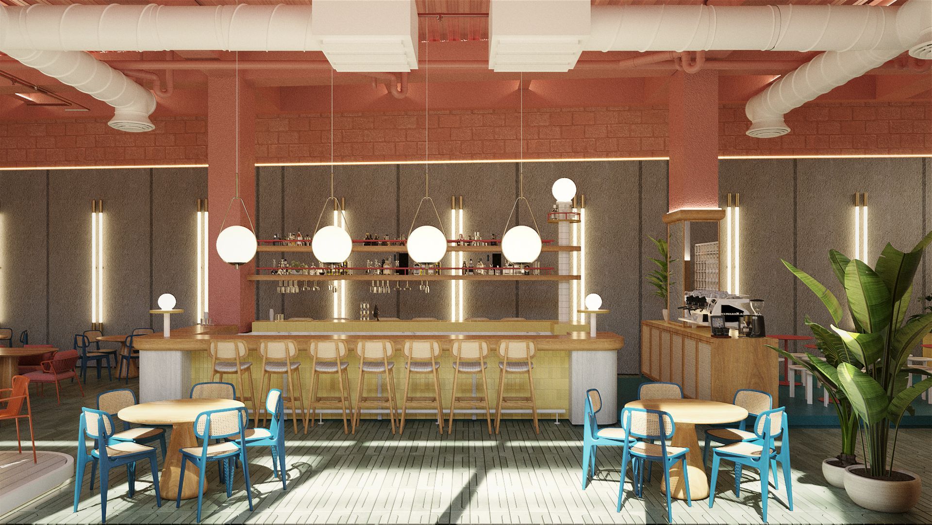 Bar do Zeta Rooftop com bancos altos, mesas e cadeiras com decoração azul e luz natural em ambiente caribenho.