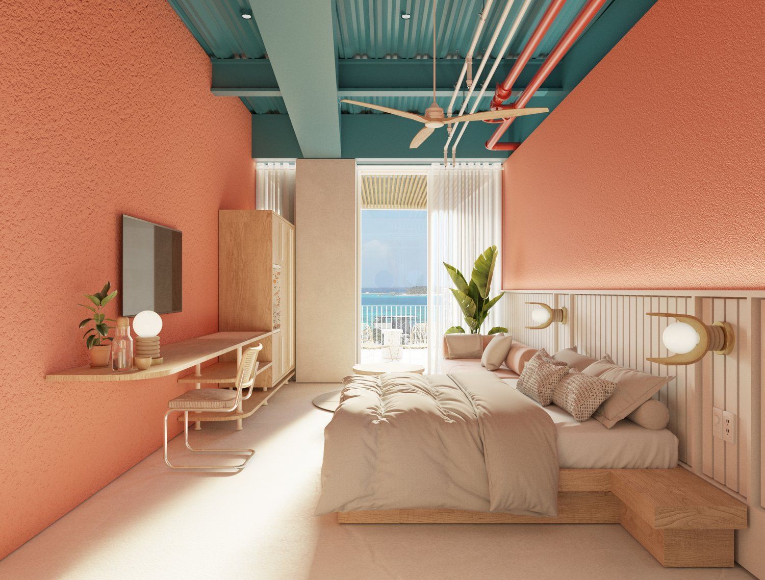 Quarto com design tropical, tons coral, camas amplas e luz natural em San Andrés.