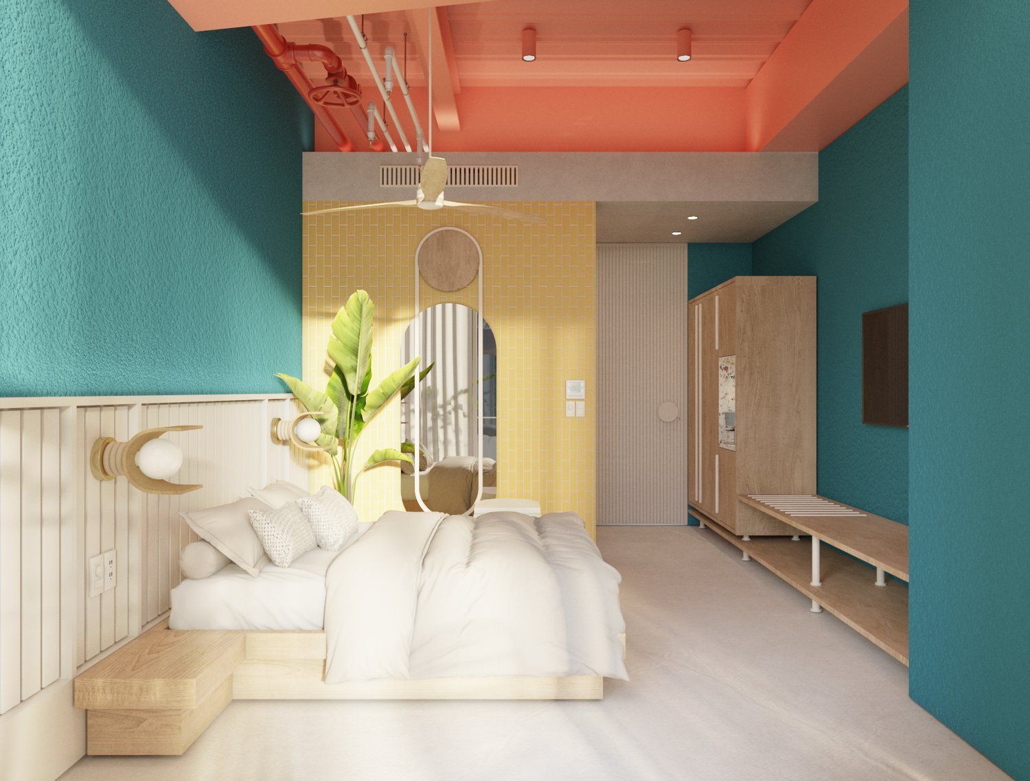 Quarto em San Andrés com cama ampla, parede azul-esverdeada, teto coral, planta de interior e área de toucador.