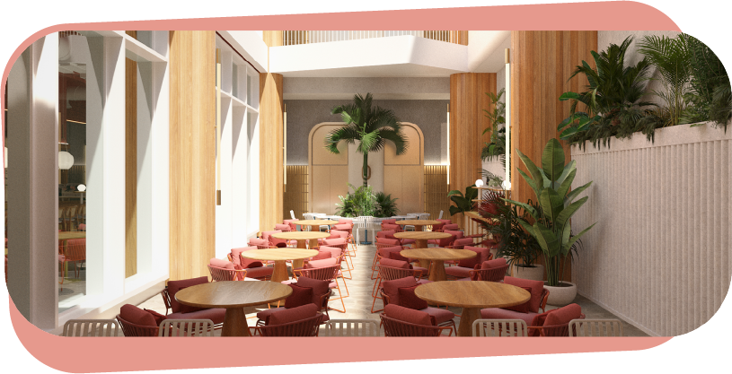 restaurantes de san andres, iluminado con luz natural, mesas en madera, sillas coral y rodeado de plantas.