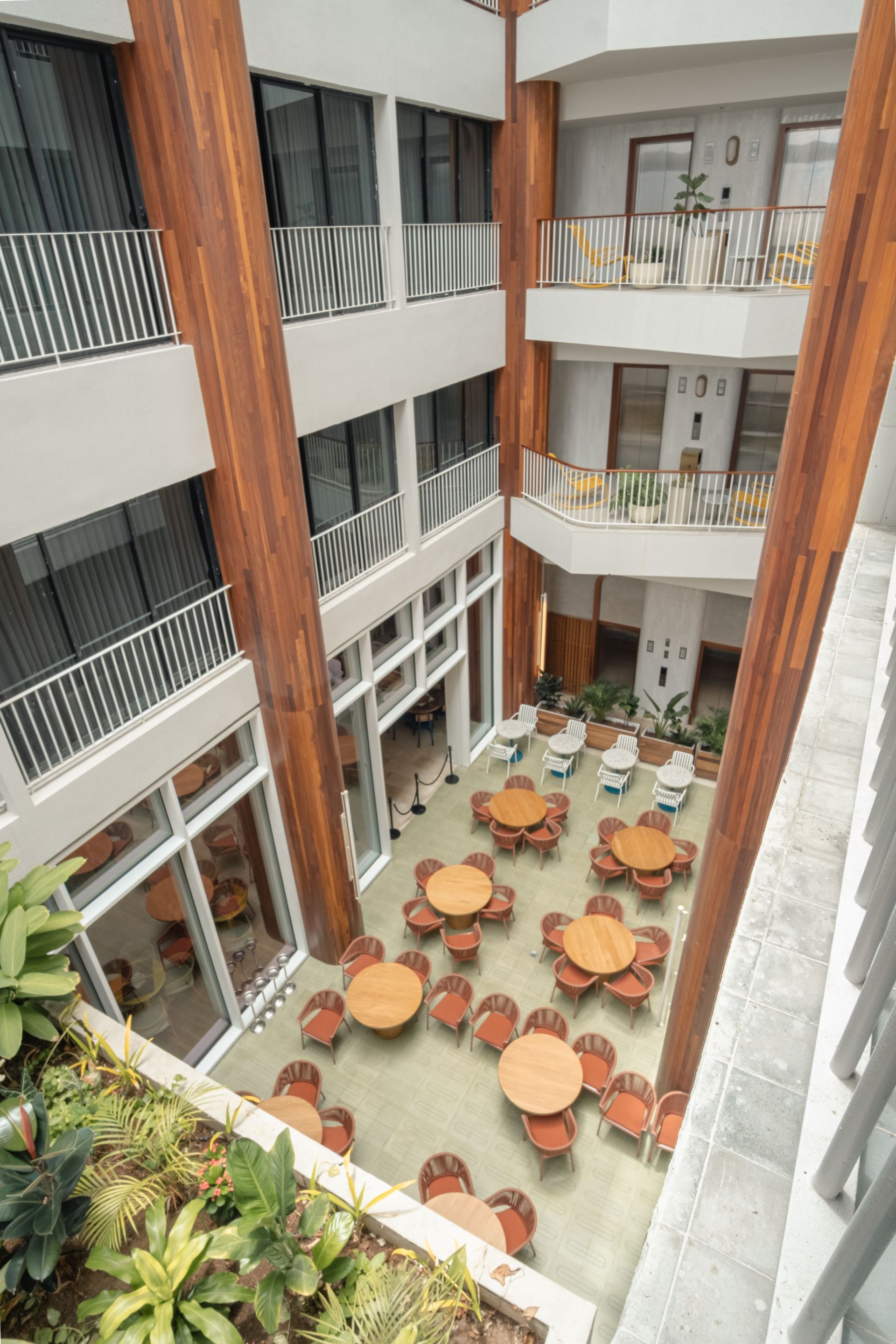 restaurantes san andres, con mesas redondas de madera, sillas coral y blancas, plantas y alta con entrada de luz natural.