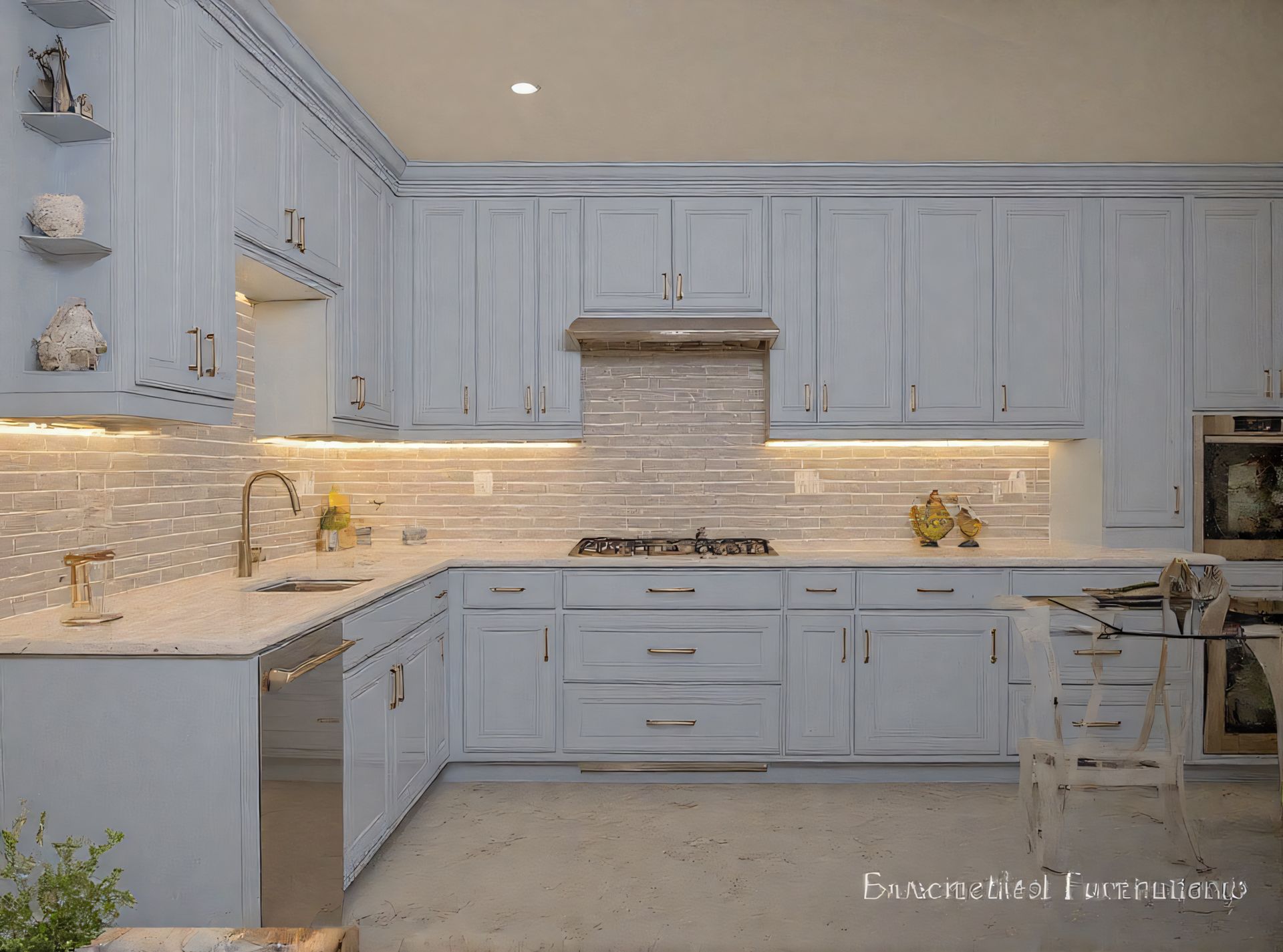 Bright white kitchen with blue cabinets, marble backsplash, and a large island under recessed lights