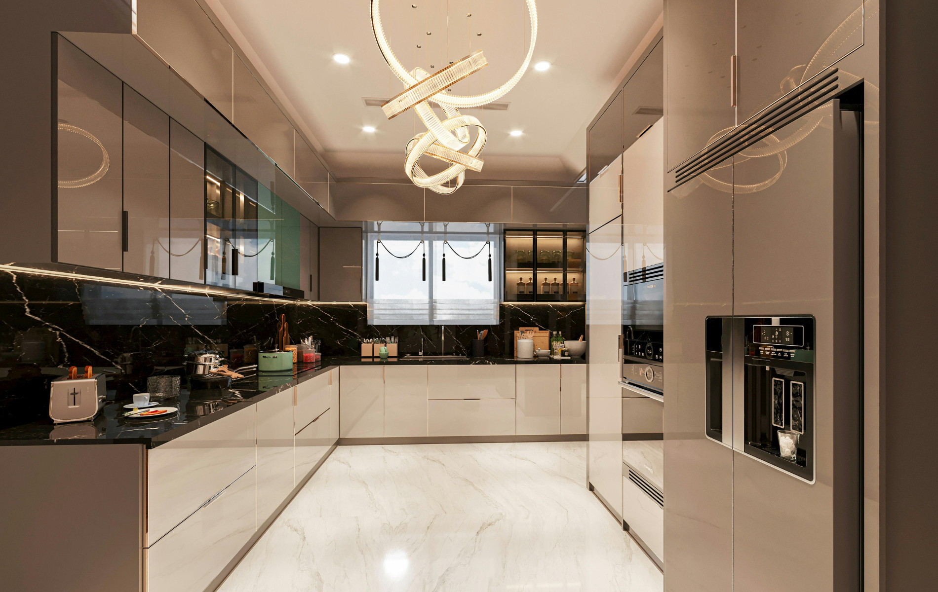 Modern white-and-black kitchen with glossy cabinets, island, and sculptural ceiling light