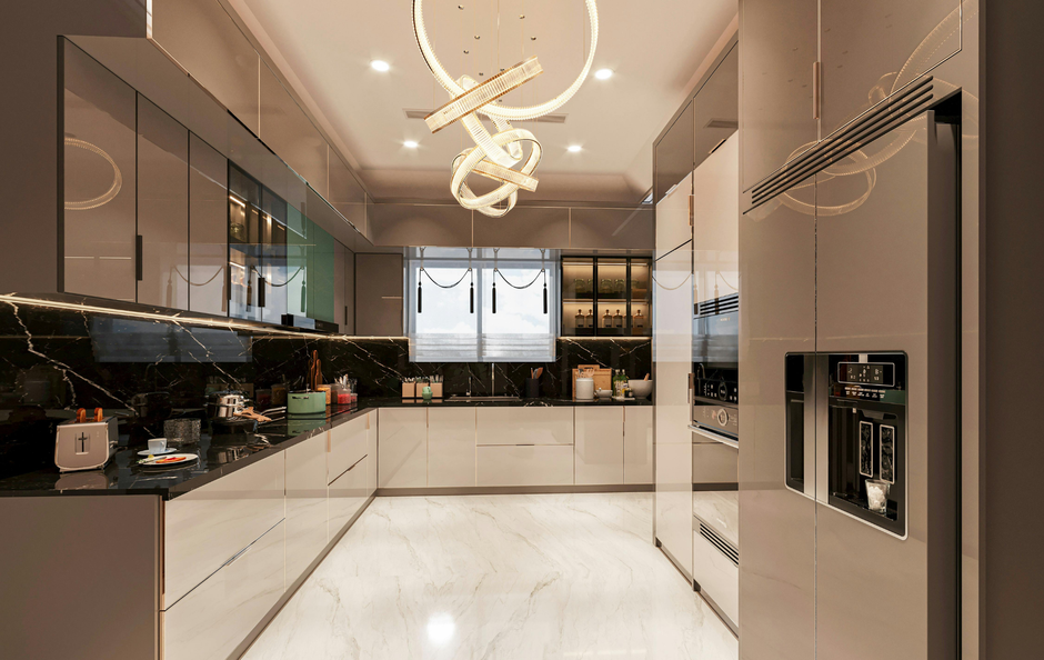 Modern white-and-black kitchen with glossy cabinets, island, and sculptural ceiling light