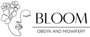 Line drawing of a woman's face with floral headpiece; text