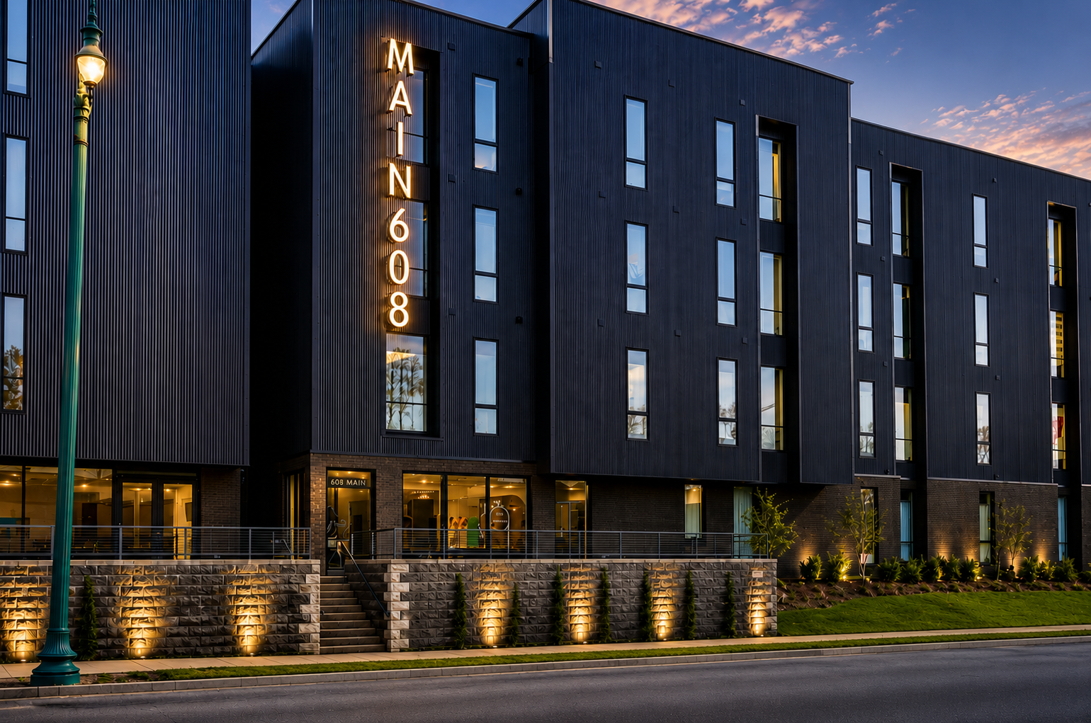1-Bedroom Luxury Apartments in Clarksville, TN | Main608 | Exterior View of Apartment Complex with Landscaping.