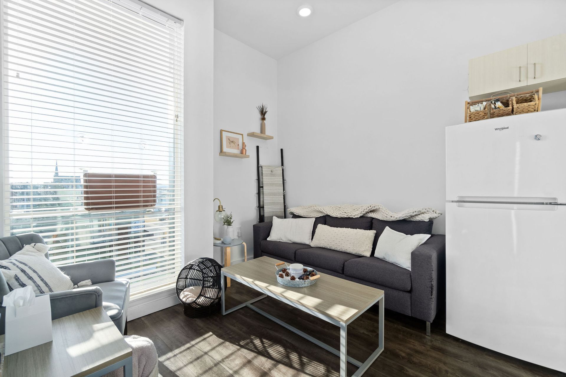 Photo showing a living room with a tall, wide window allowing for plenty of natural lighting