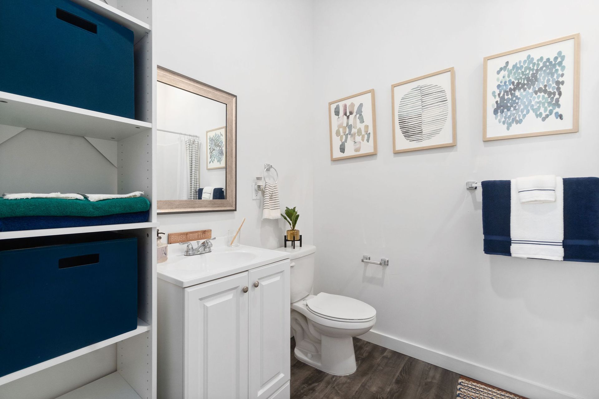 Photo showing a bathroom with built-in shelving