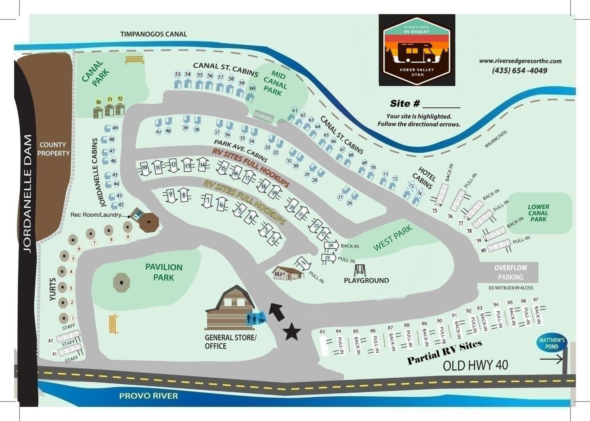 A map of a campground with a river in the background