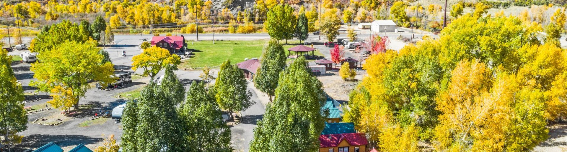 An aerial view of a park with trees and a playground.