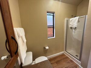 A bathroom with a toilet , shower , mirror and window.