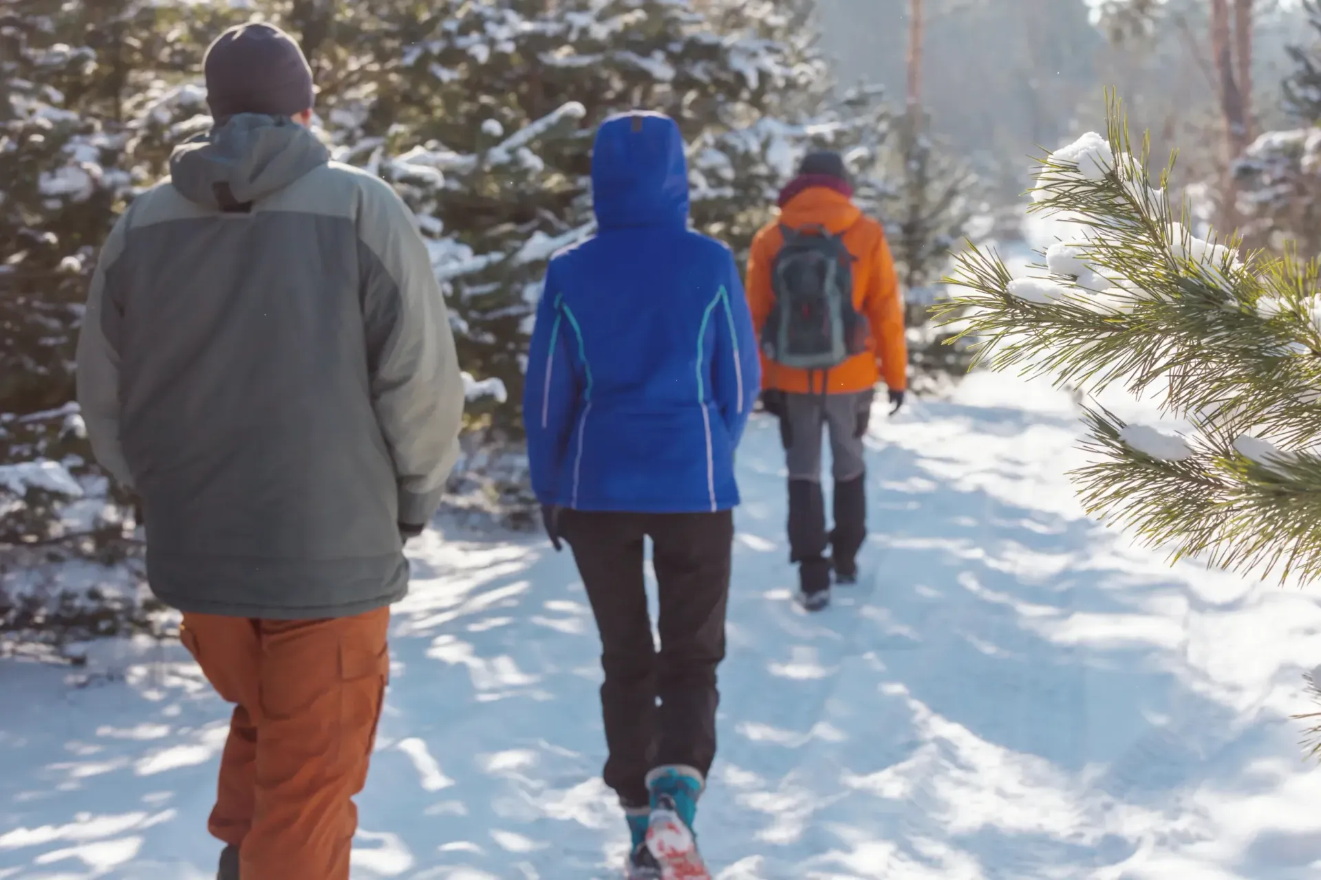 A group of people are walking in the snow.