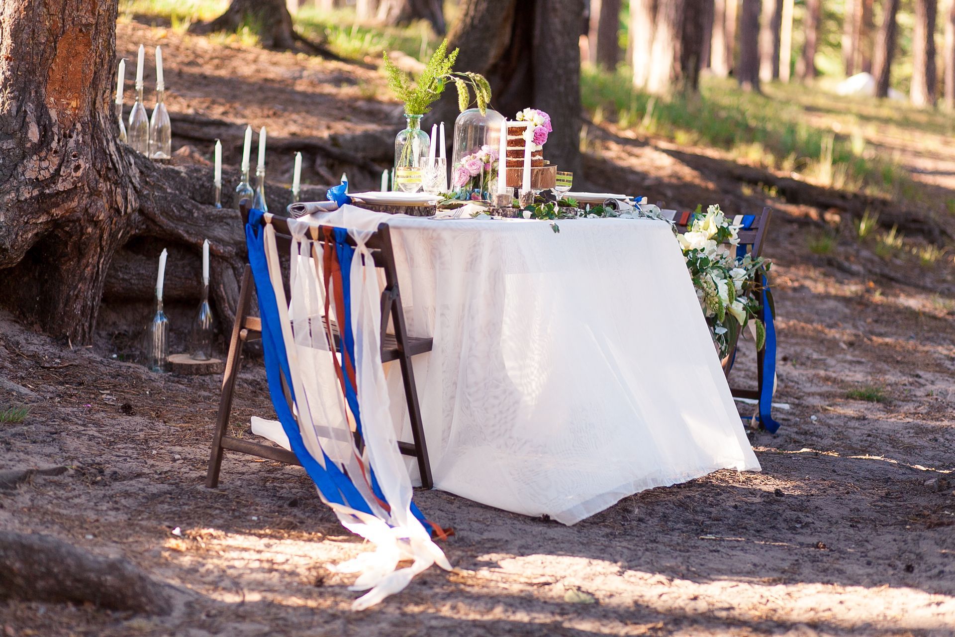 A table in the middle of a forest with a white table cloth and blue ribbons.