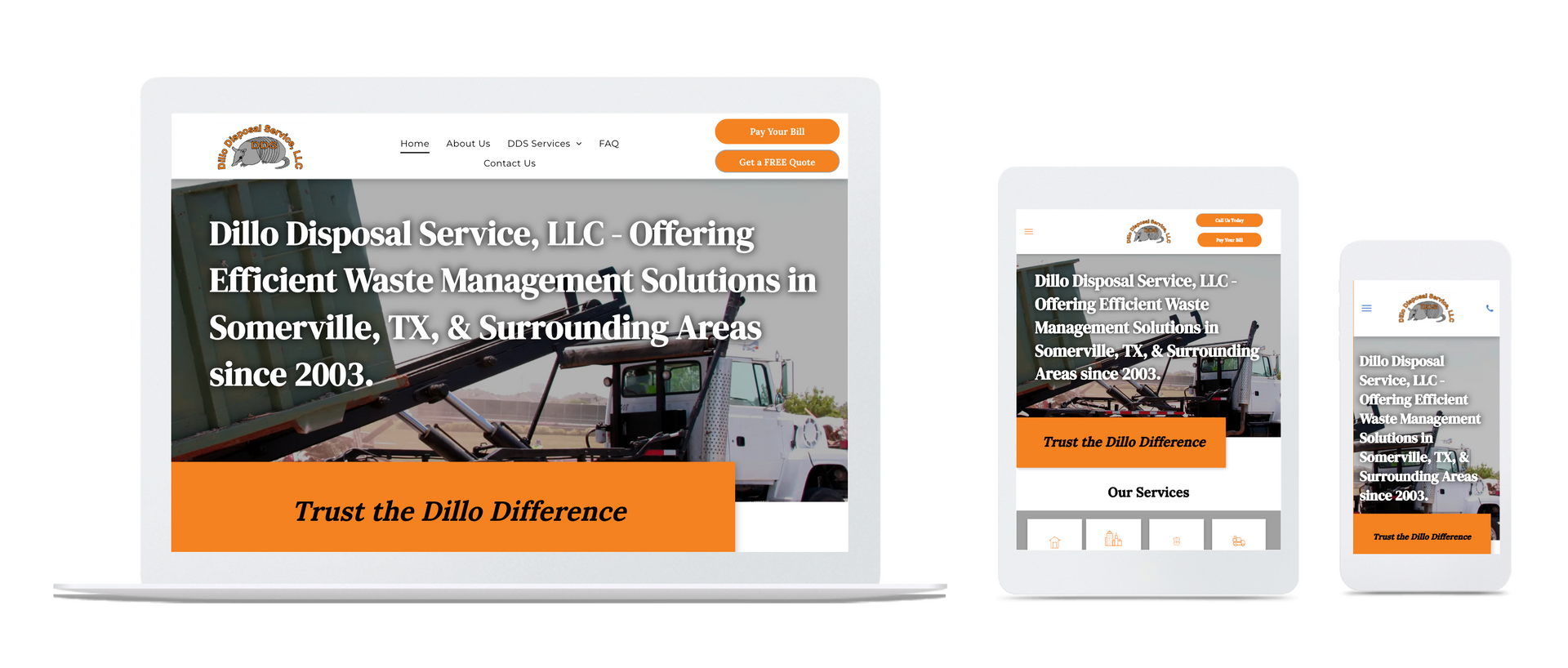 Responsive website mockup on laptop, tablet, and phone with orange call-to-action buttons