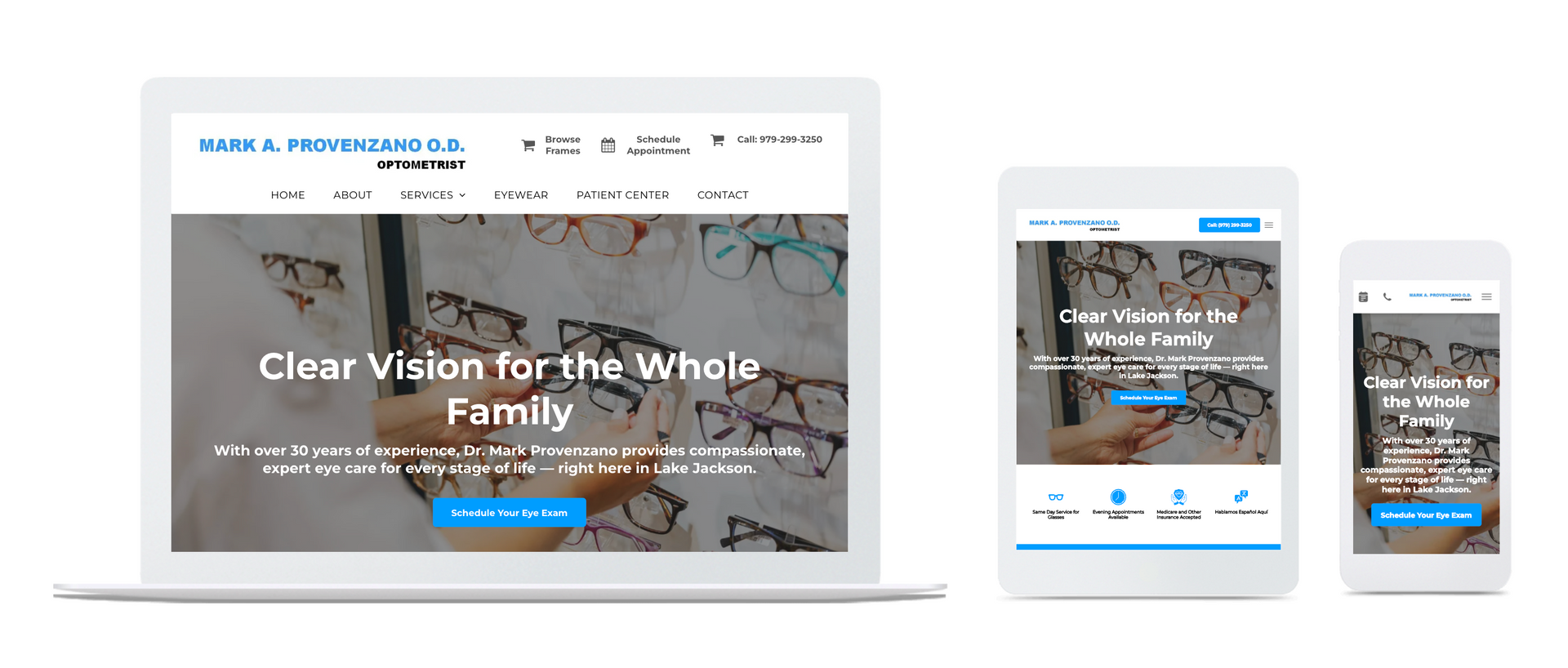 Website homepage shown on laptop, tablet, and phone with “Clear Vision for the Whole Family” banner