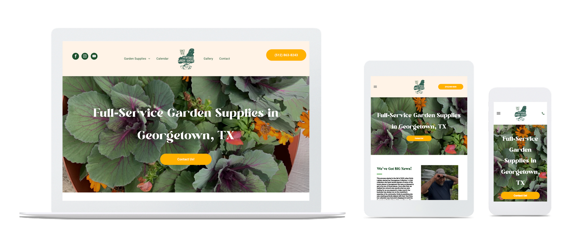Responsive gardening website shown on laptop, tablet, and phone with leafy hero image and yellow button