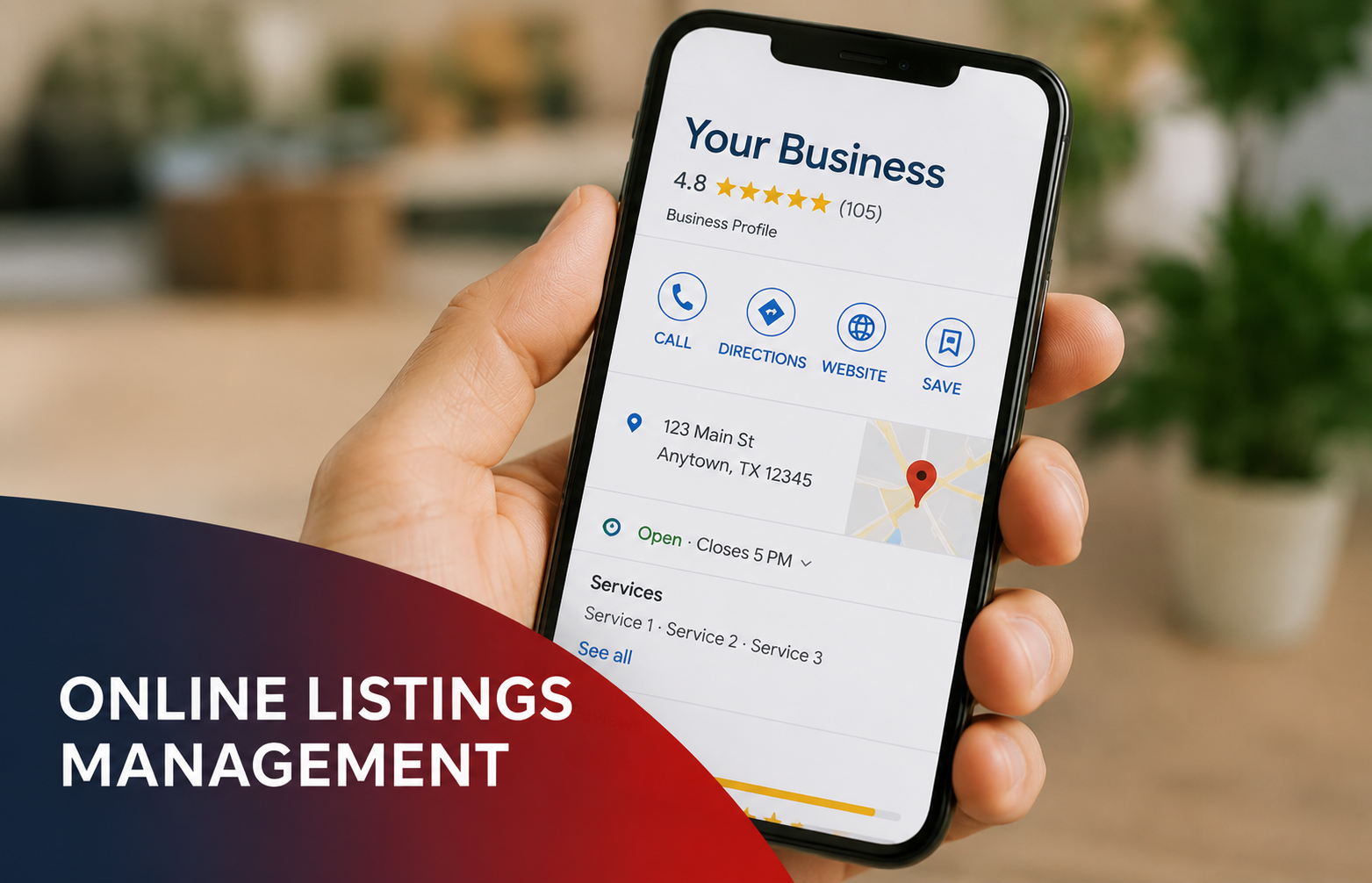 Hand holding a smartphone showing online business listing management interface with “Online Listings Management” text