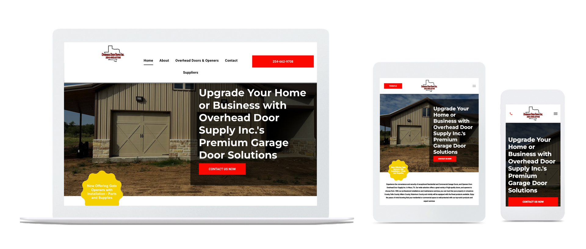 Website mockup shown on laptop, tablet, and phone with dark hero banner and red call-to-action buttons