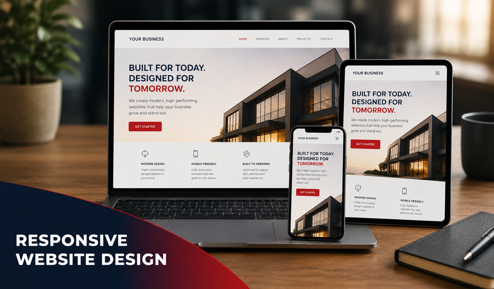 Responsive website design mockup on laptop, tablet, and phone on a desk with a modern home page.