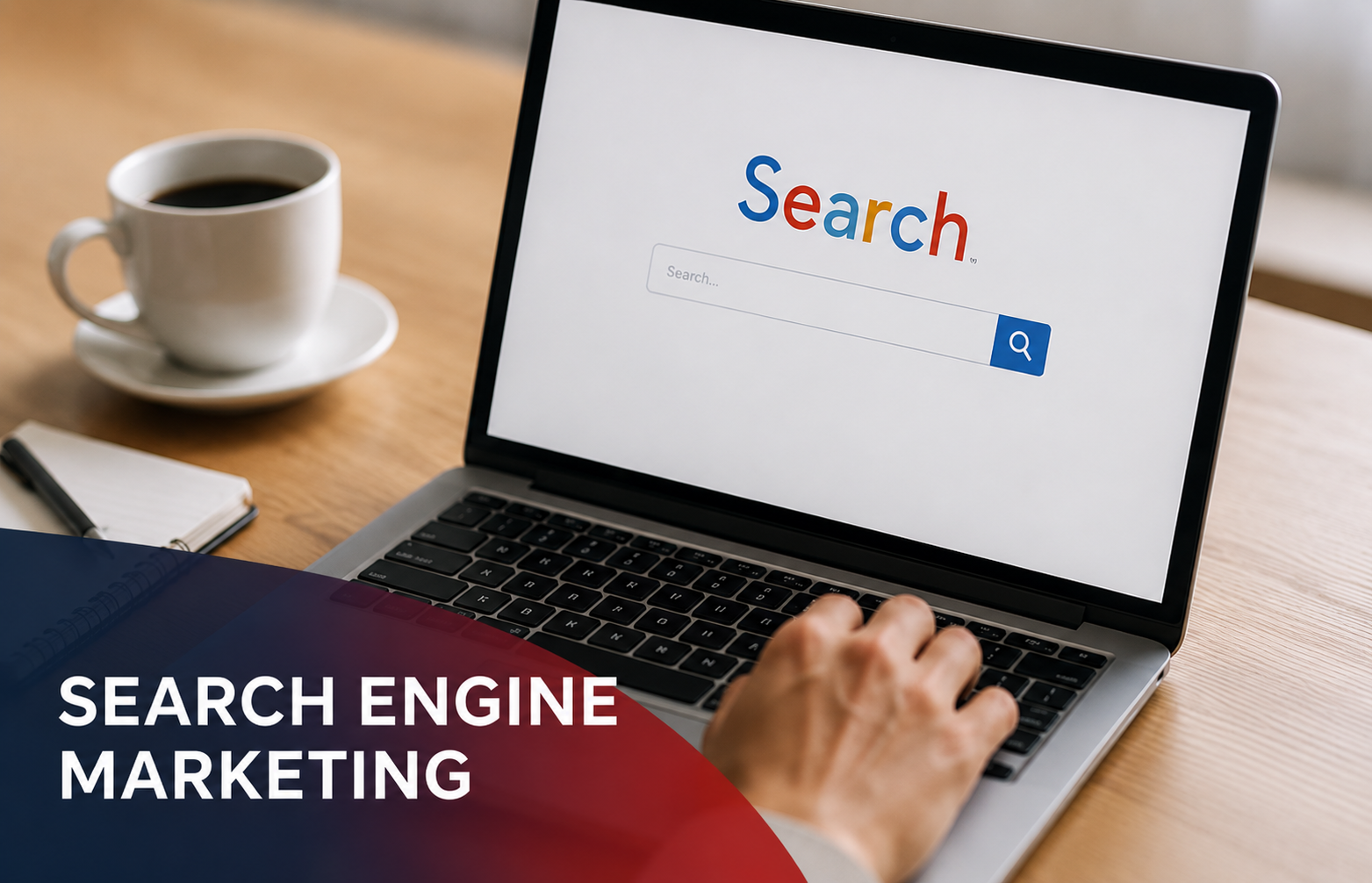 Laptop on desk with search engine marketing text, coffee cup, and hand typing a search query