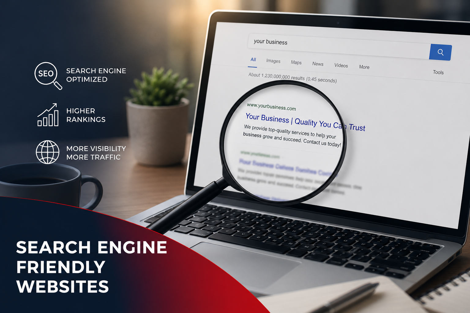 Laptop with magnifying glass highlighting search results, promoting search engine friendly websites