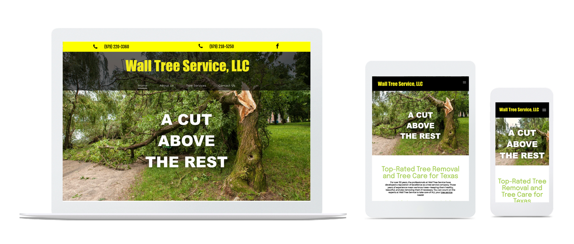 Website mockup for Wall Tree Service LLC on laptop, tablet, and phone with tree-service banner and slogan