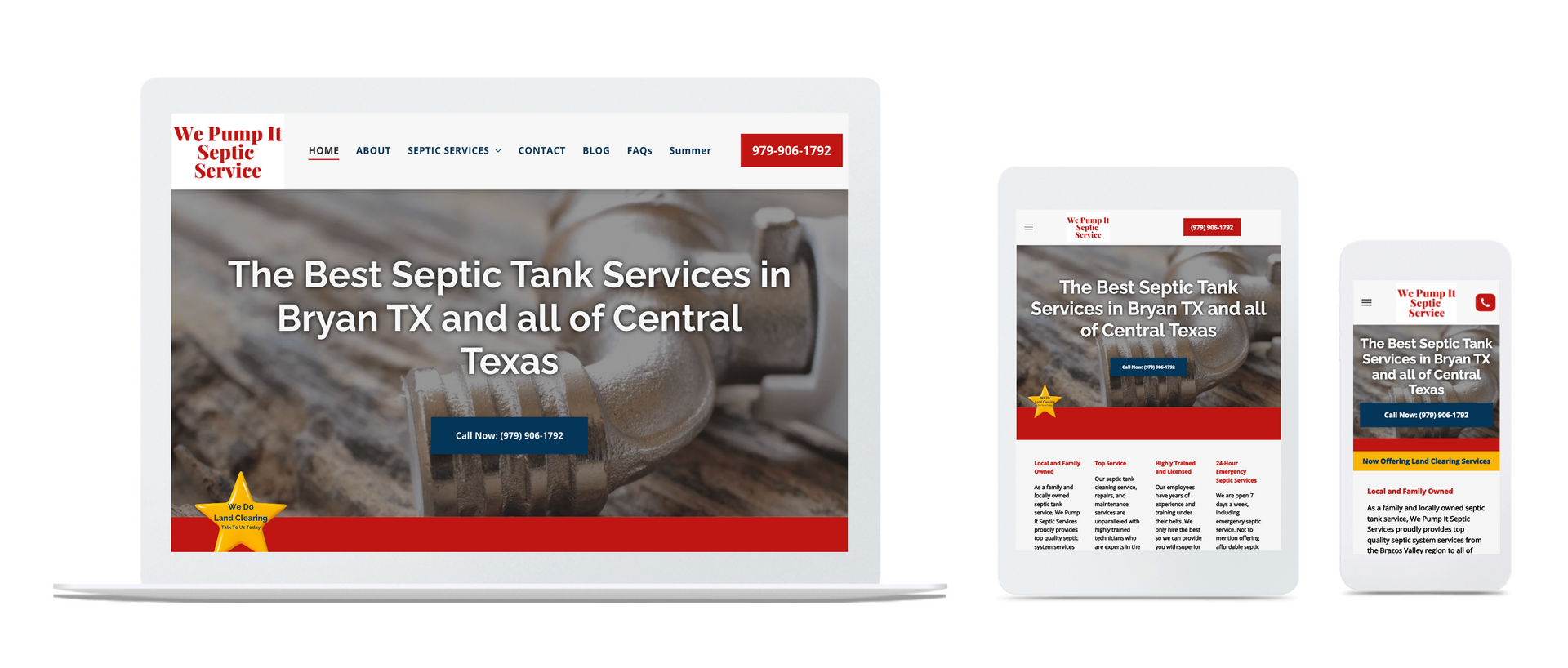 Responsive website displayed on laptop, tablet, and phone with blue and red homepage hero image