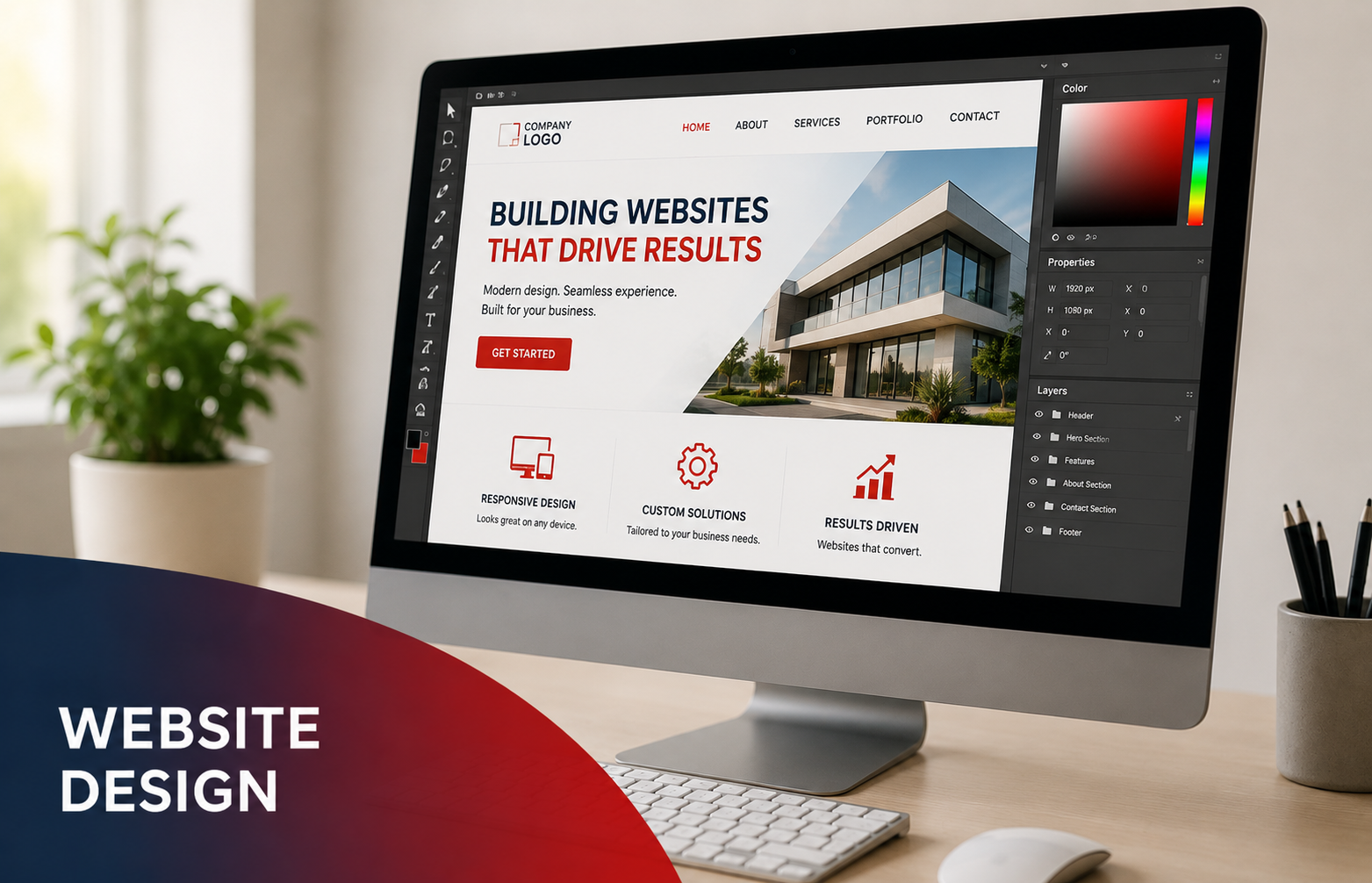 Website design mockup on a desktop monitor with red and white interface elements