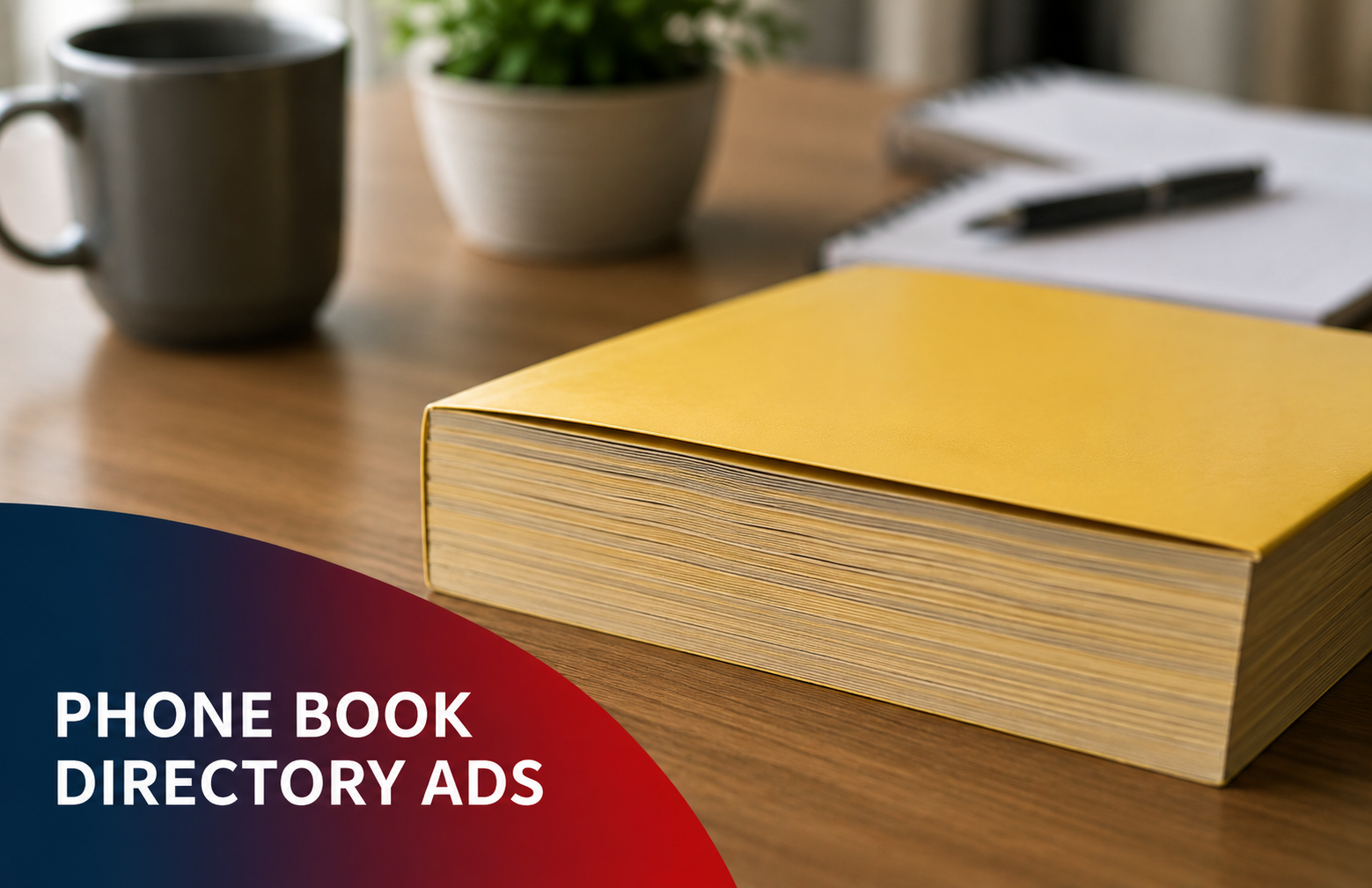 Phone book directory ads beside a yellow book on a wooden desk with a mug and potted plant in the background