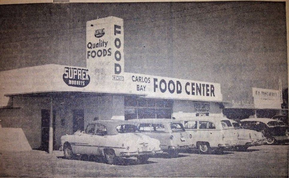 A black and white photo of a food center