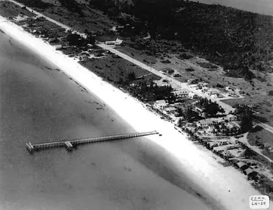 A black and white photo of a beach with a pier