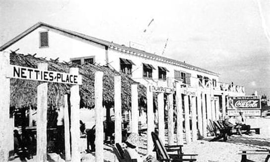 A black and white photo of a building that says nettles place