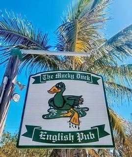 A sign for the english pub with a duck on it is hanging from a pole.
