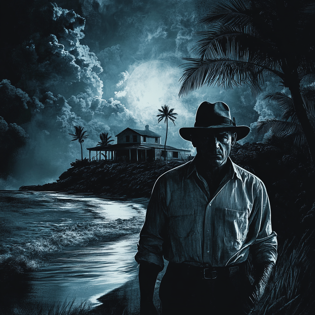 A man in a cowboy hat is standing on a beach at night