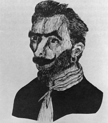 A black and white drawing of a man with a beard