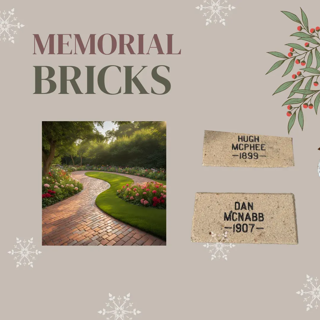 A picture of a brick walkway surrounded by flowers and trees.