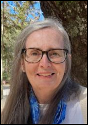 Woman with long gray hair and glasses, smiling, wearing blue scarf.