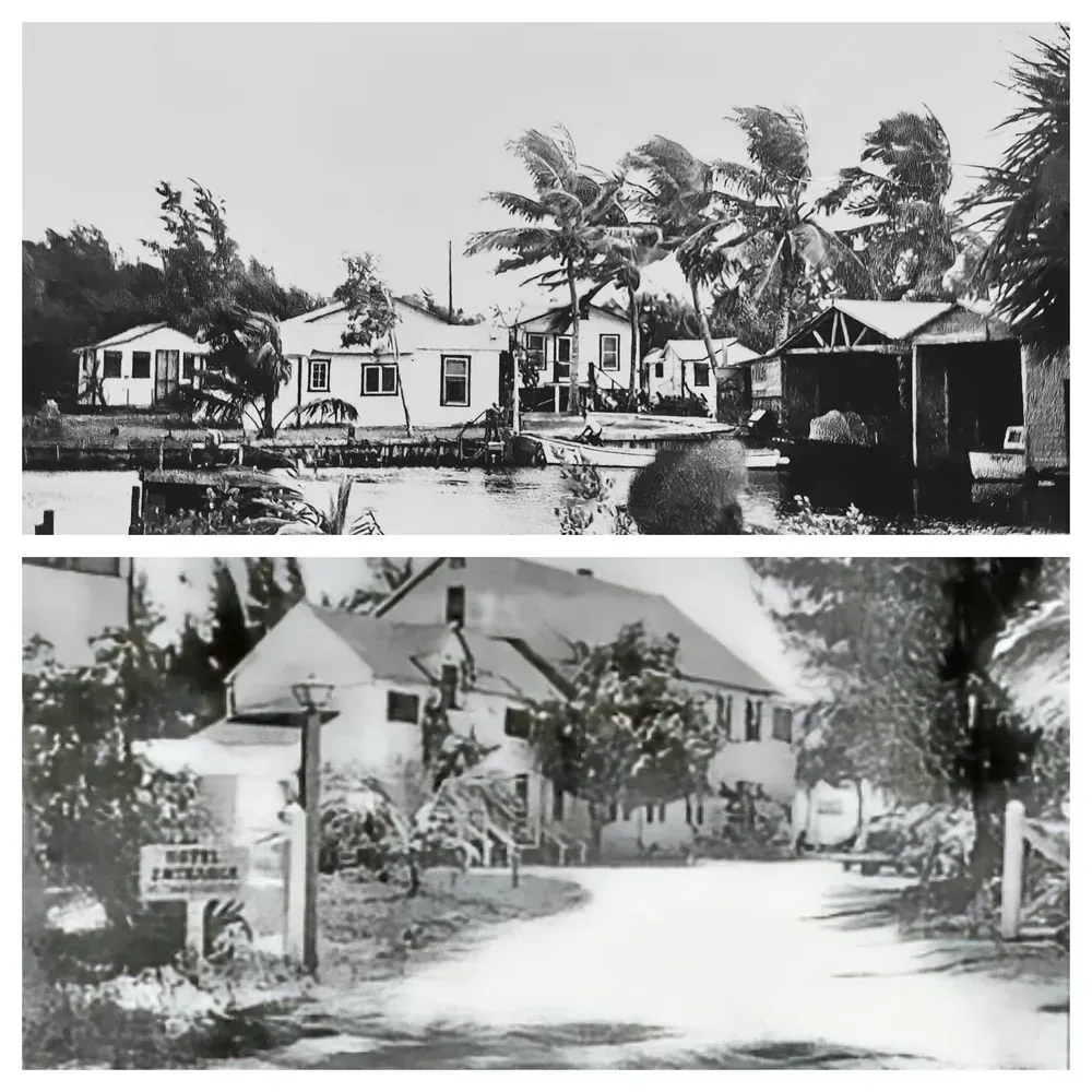 A black and white photo of a hotel entrance