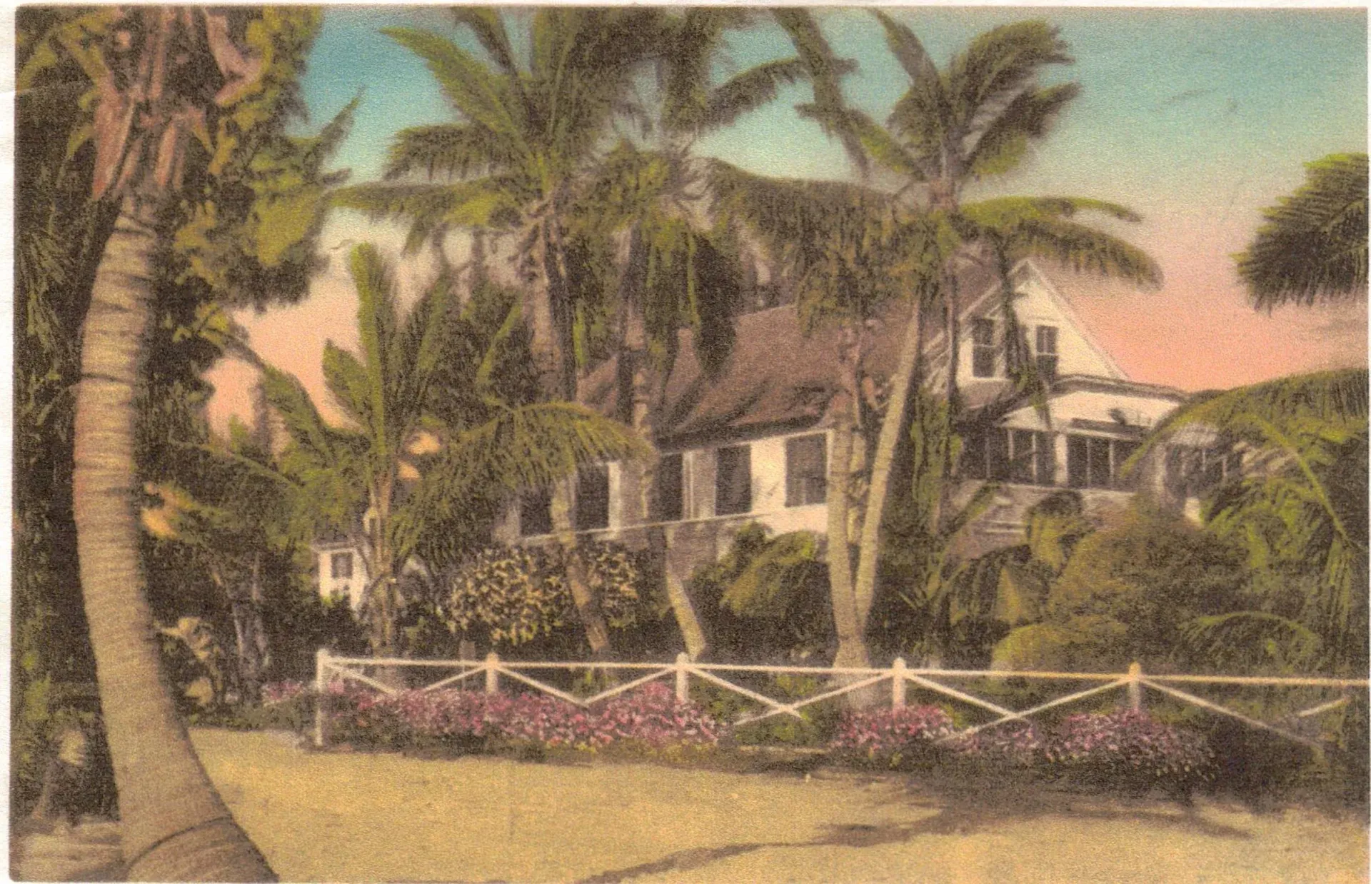 A painting of a house surrounded by palm trees