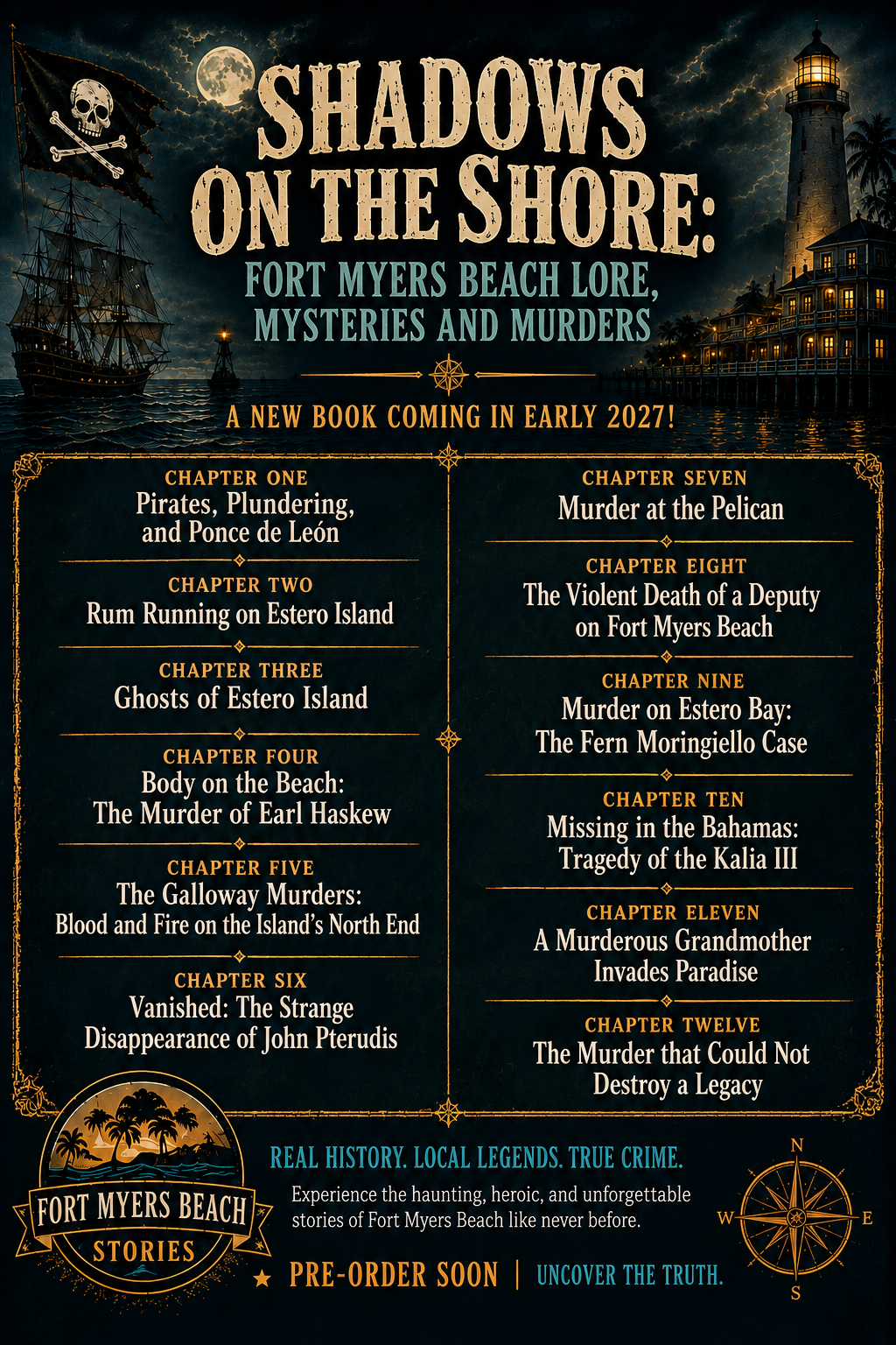 Poster listing eight haunted tales on a dark blue, vintage-style island map background