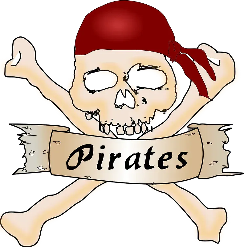 A skull and crossbones with a banner that says pirates